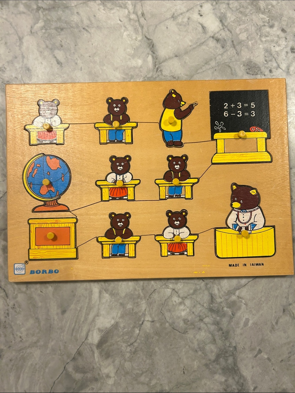Vintage BORBO wooden Bear Classroom peg Puzzle - Yellow & Blue-